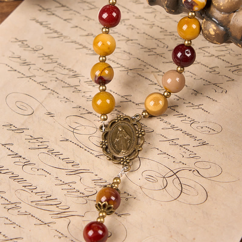 Miraculous Medal & Crucifix of 8mm Natural Egg Yolk Jade Rosary - Handcrafted Rosary Beads