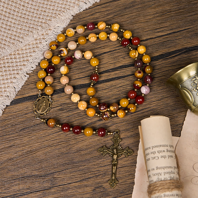 Miraculous Medal & Crucifix of 8mm Natural Egg Yolk Jade Rosary - Handcrafted Rosary Beads