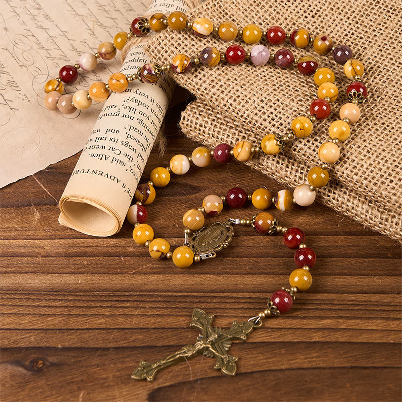 Miraculous Medal & Crucifix of 8mm Natural Egg Yolk Jade Rosary - Handcrafted Rosary Beads