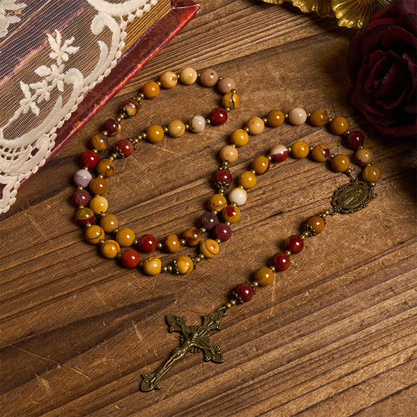 Miraculous Medal & Crucifix of 8mm Natural Egg Yolk Jade Rosary - Handcrafted Rosary Beads