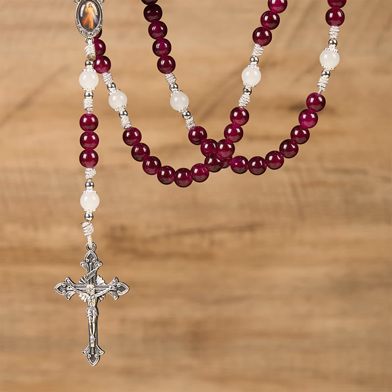 Divine Mercy & Crucifix of 8mm Garnet Chalcedony Rosary - Handmade Divine Beads