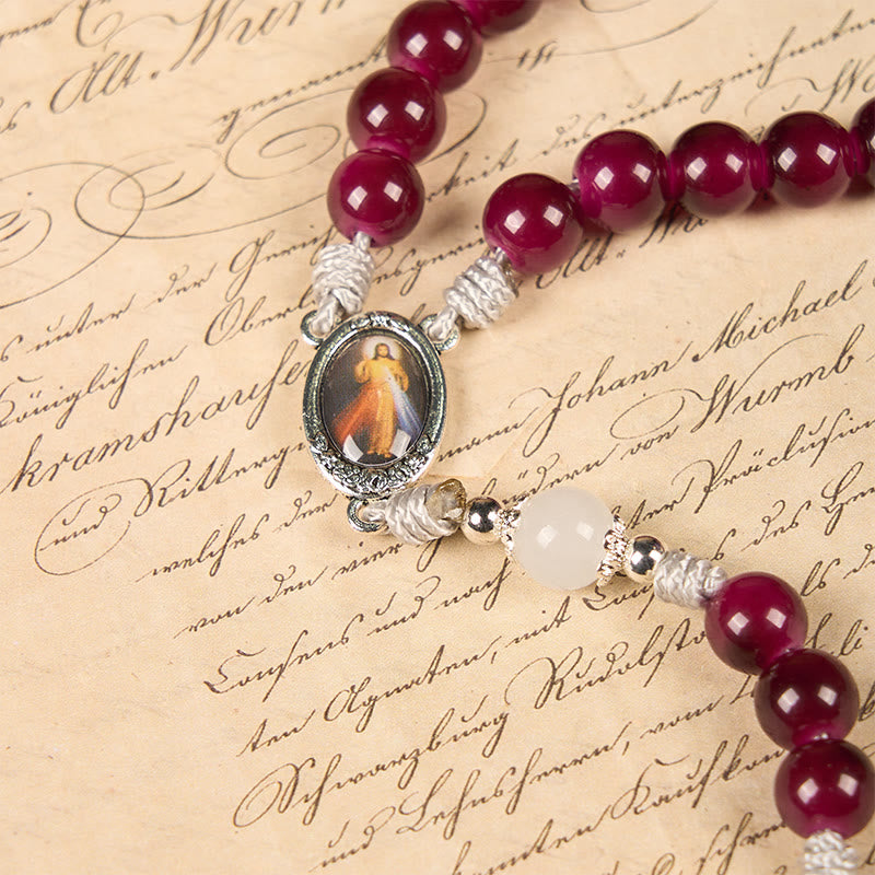 Divine Mercy & Crucifix of 8mm Garnet Chalcedony Rosary - Handmade Divine Beads