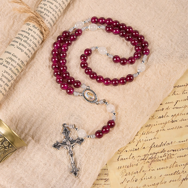 Divine Mercy & Crucifix of 8mm Garnet Chalcedony Rosary - Handmade Divine Beads