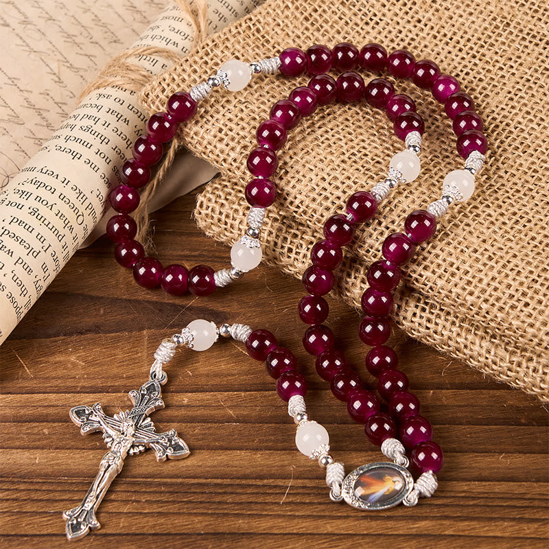 Divine Mercy & Crucifix of 8mm Garnet Chalcedony Rosary - Handmade Divine Beads