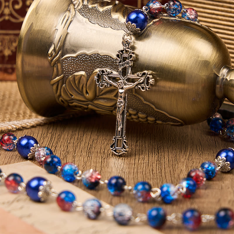 Miraculous Medal & Crucifix of 8mm Glass Beads Rosary—A Touch of Vintage Elegance