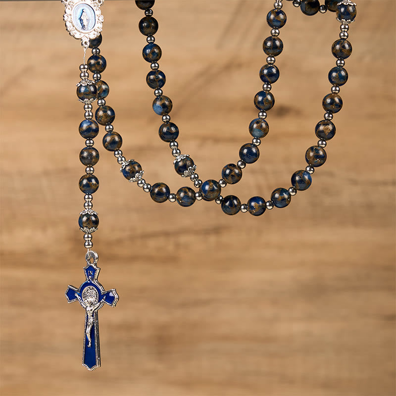 Virgin Mary & Blue Crucifix of 8mm Blue Gold Stone Beads Rosary