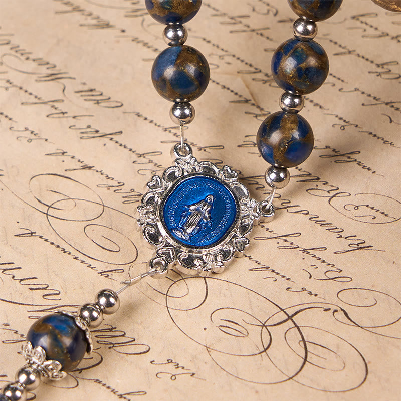 Virgin Mary & Blue Crucifix of 8mm Blue Gold Stone Beads Rosary