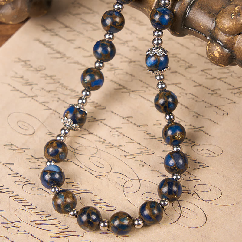 Virgin Mary & Blue Crucifix of 8mm Blue Gold Stone Beads Rosary