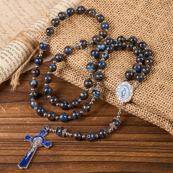 Virgin Mary & Blue Crucifix of 8mm Blue Gold Stone Beads Rosary