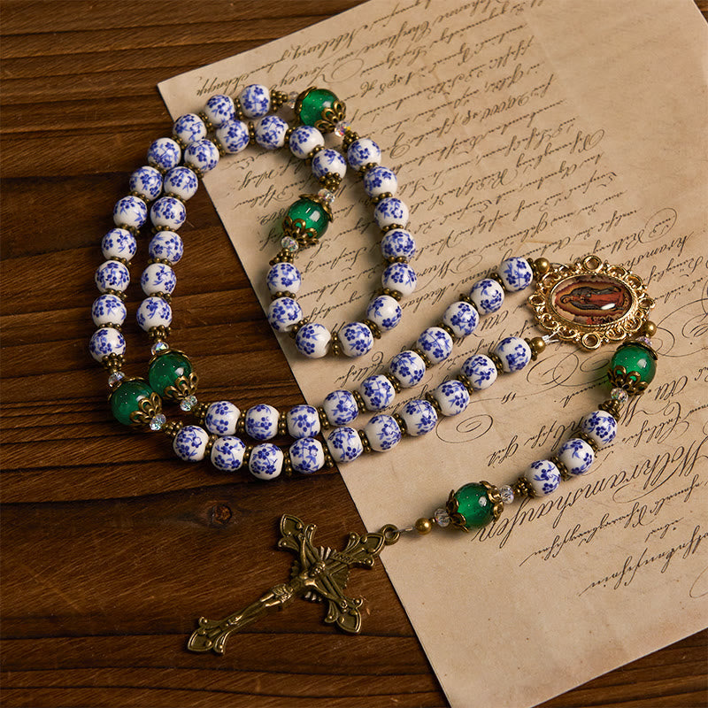 Divine Serenity Handmade Floral Rosary: Our Lady of Guadalupe & Crucifix of 8mm Ceramics&Jade
