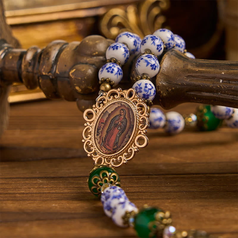 Divine Serenity Handmade Floral Rosary: Our Lady of Guadalupe & Crucifix of 8mm Ceramics&Jade