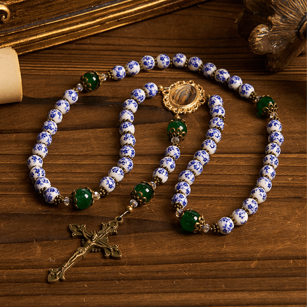 PRAYERFUL FAITH: Handmade Floral Rosary of 8mm Ceramics & Jade