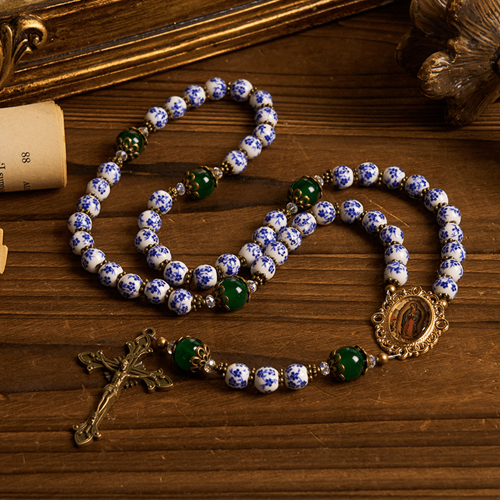 Divine Serenity Handmade Floral Rosary: Our Lady of Guadalupe & Crucifix of 8mm Ceramics&Jade