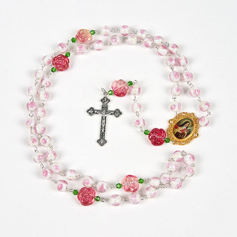 PRAYERFUL FAITH: Handmade Rose & Ivory Floral Elegance Rosary with Gift Card