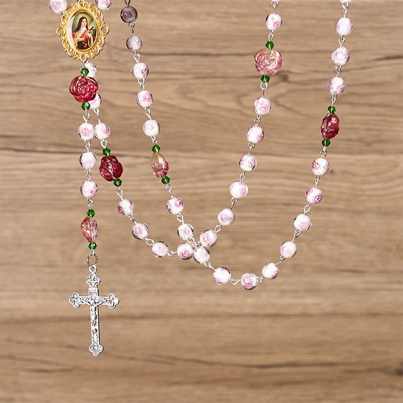 PRAYERFUL FAITH: Handmade Rose & Ivory Floral Elegance Rosary with Gift Card