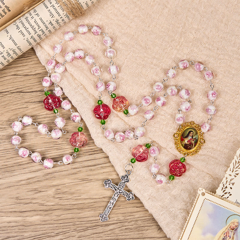 PRAYERFUL FAITH: Handmade Rose & Ivory Floral Elegance Rosary with Gift Card