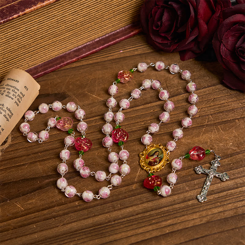 PRAYERFUL FAITH: Handmade Rose & Ivory Floral Elegance Rosary with Gift Card