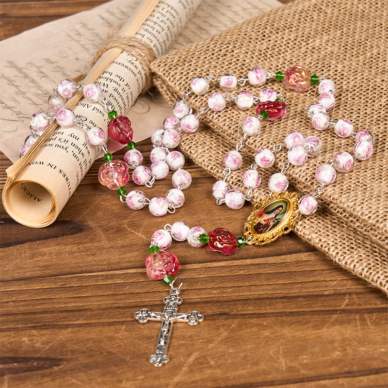 St. Therese Medal & Crucifix of 8mm Rose & Ivory Floral Elegance Rosary—Embrace the Grace and Beauty of Faith
