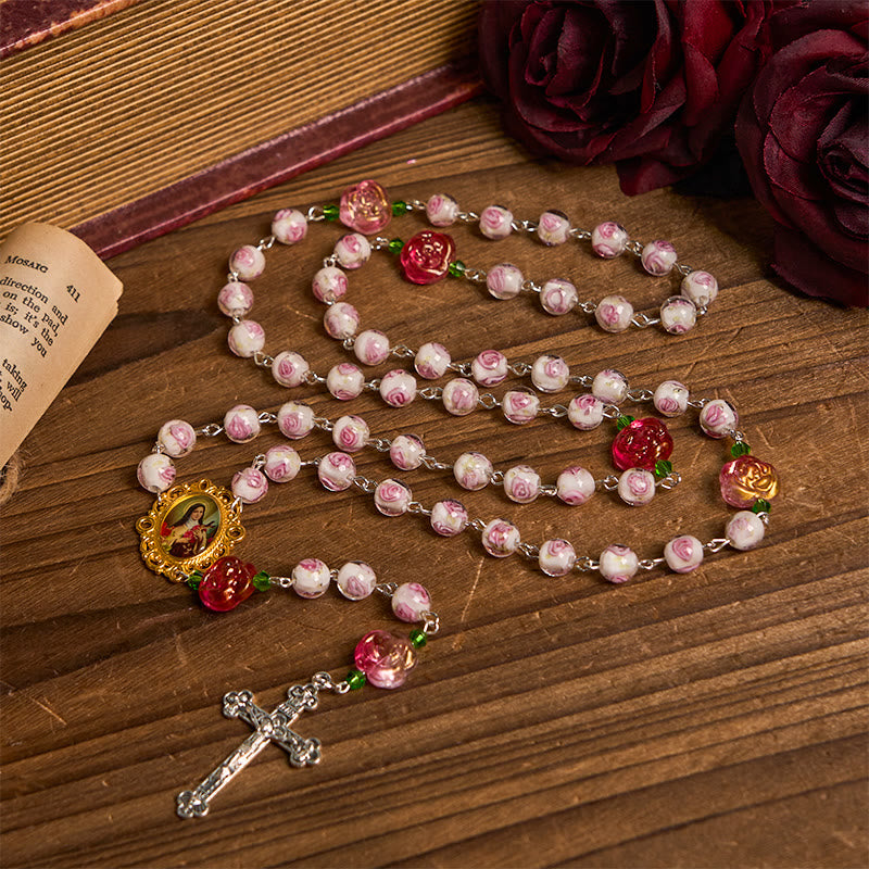 PRAYERFUL FAITH: Handmade Rose & Ivory Floral Elegance Rosary with Gift Card