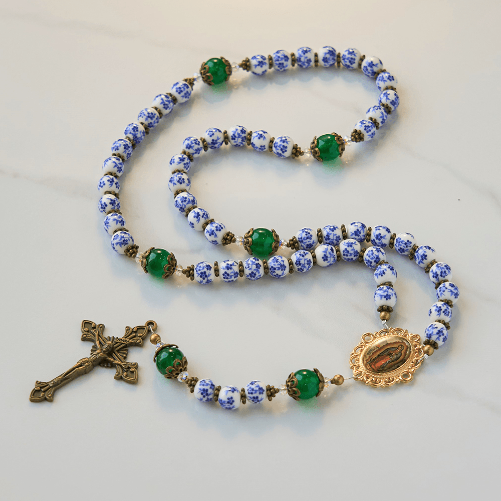 Divine Serenity Handmade Floral Rosary: Our Lady of Guadalupe & Crucifix of 8mm Ceramics&Jade