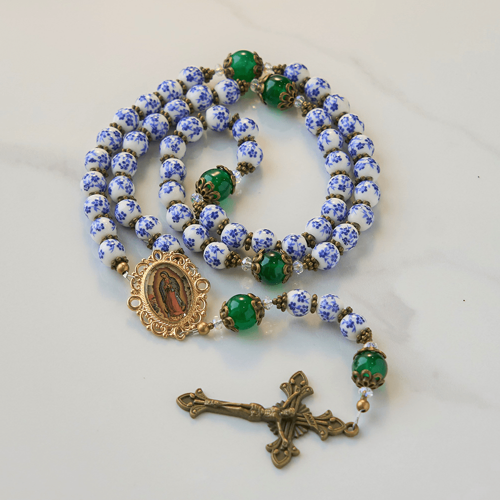 PRAYERFUL FAITH: Handmade Floral Rosary of 8mm Ceramics & Jade
