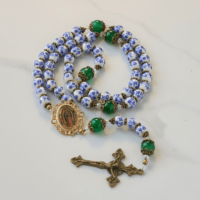 Divine Serenity Handmade Floral Rosary: Our Lady of Guadalupe & Crucifix of 8mm Ceramics&Jade