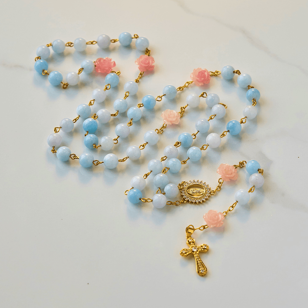 Our Lady of Guadalupe & Crucifix of 8mm Handmade Blue Aquamarine Chalcedony Beads Rosary