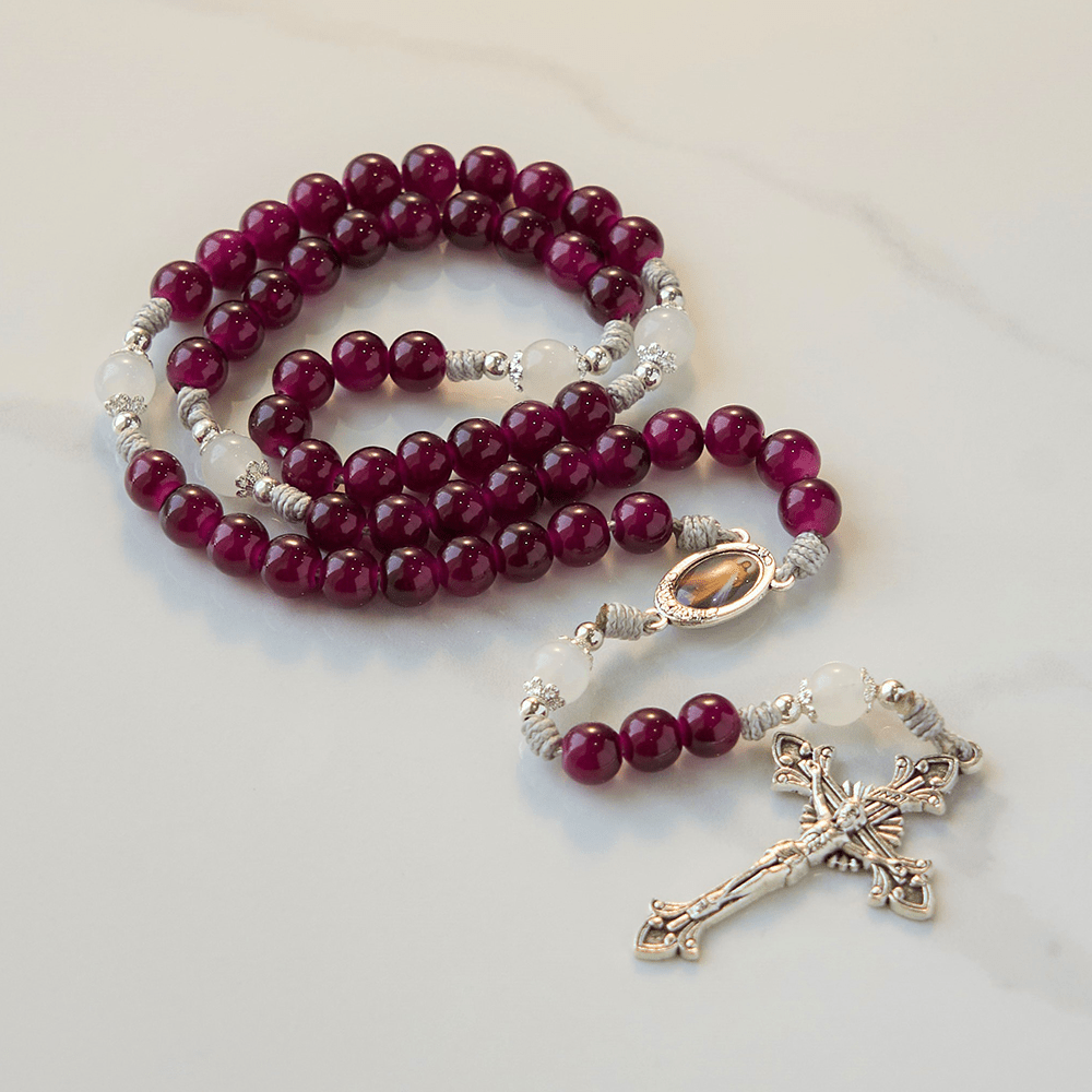 Divine Mercy & Crucifix of 8mm Garnet Chalcedony Rosary - Handmade Divine Beads
