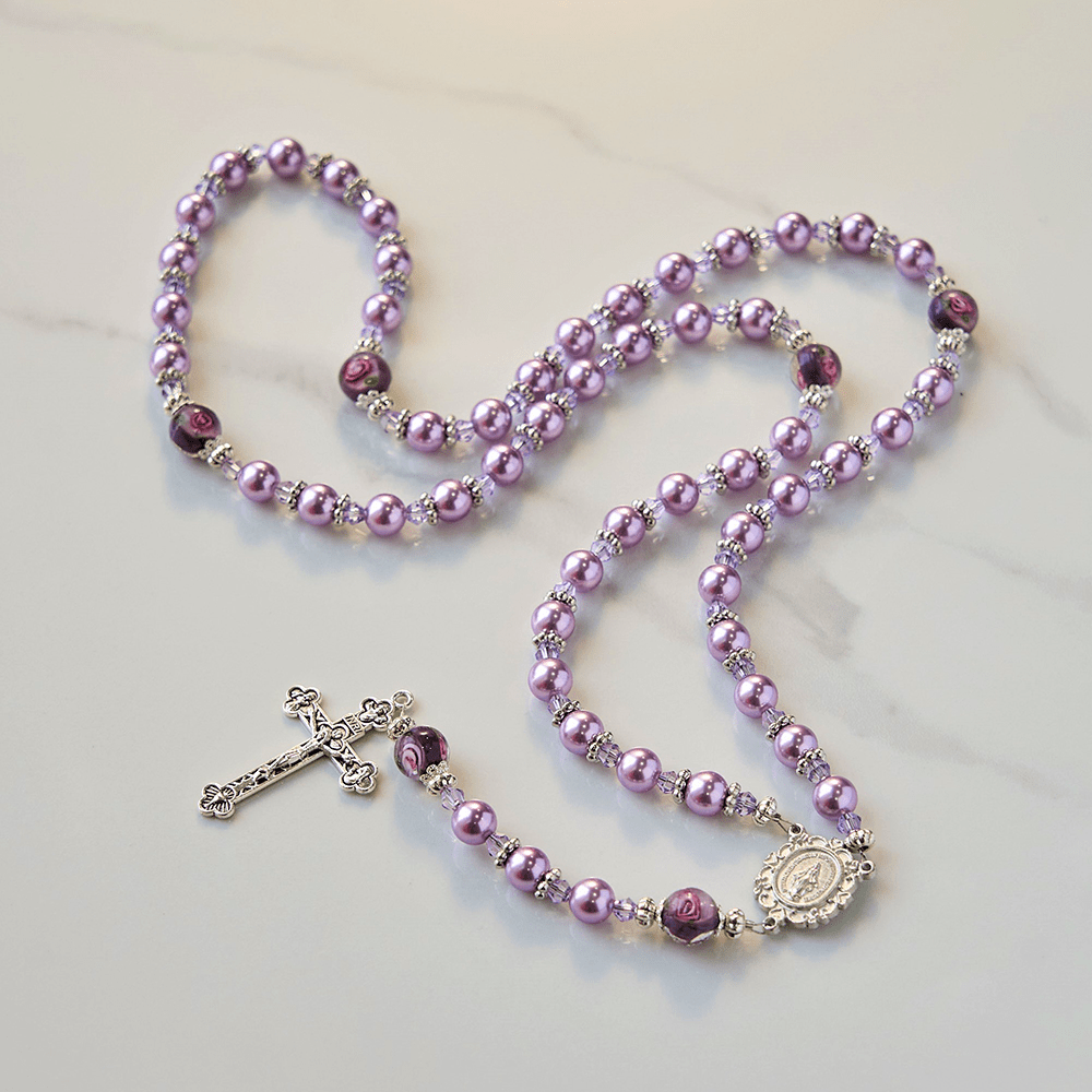 Miraculous Medal & Crucifix 8mm Purple Pearl & Crystal Handmade Rosary - Sacred Beads for Holy Prayer