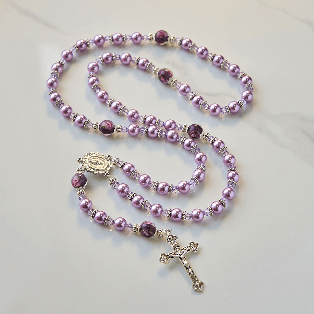 Miraculous Medal & Crucifix 8mm Purple Pearl & Crystal Handmade Rosary - Sacred Beads for Holy Prayer