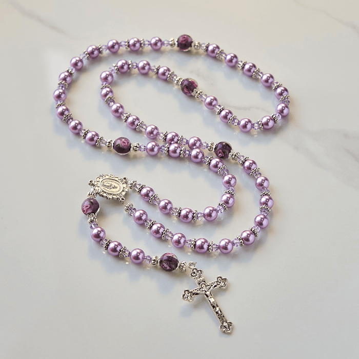 Miraculous Medal & Crucifix 8mm Purple Pearl & Crystal Handmade Rosary - Sacred Beads for Holy Prayer