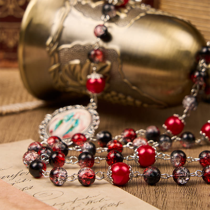 Holy Gail & Miraculous Medal of 8mm Black-red Glass Round Beads Rosary