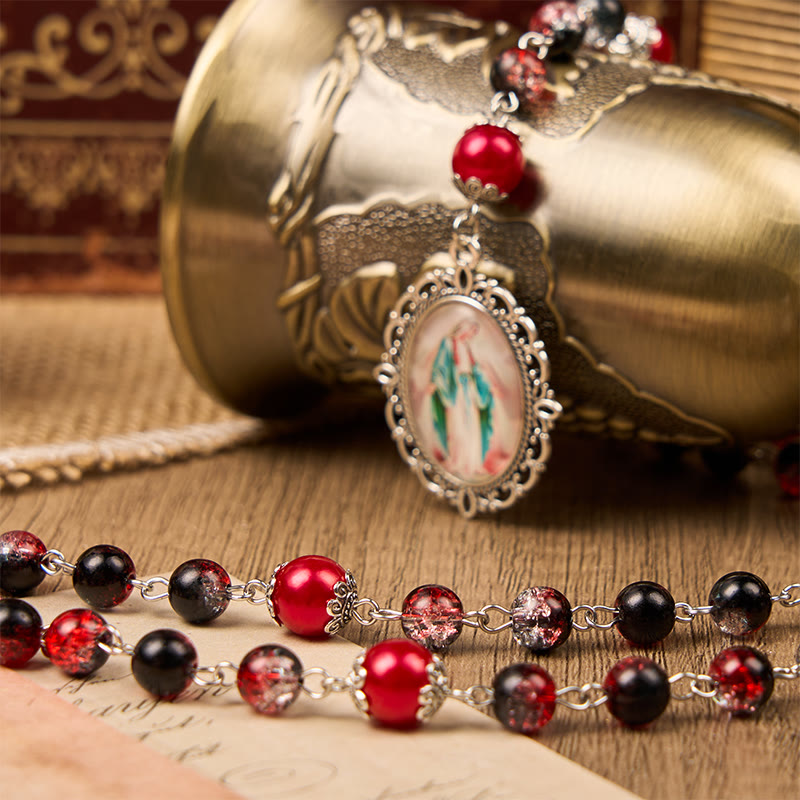 Holy Gail & Miraculous Medal of 8mm Black-red Glass Round Beads Rosary