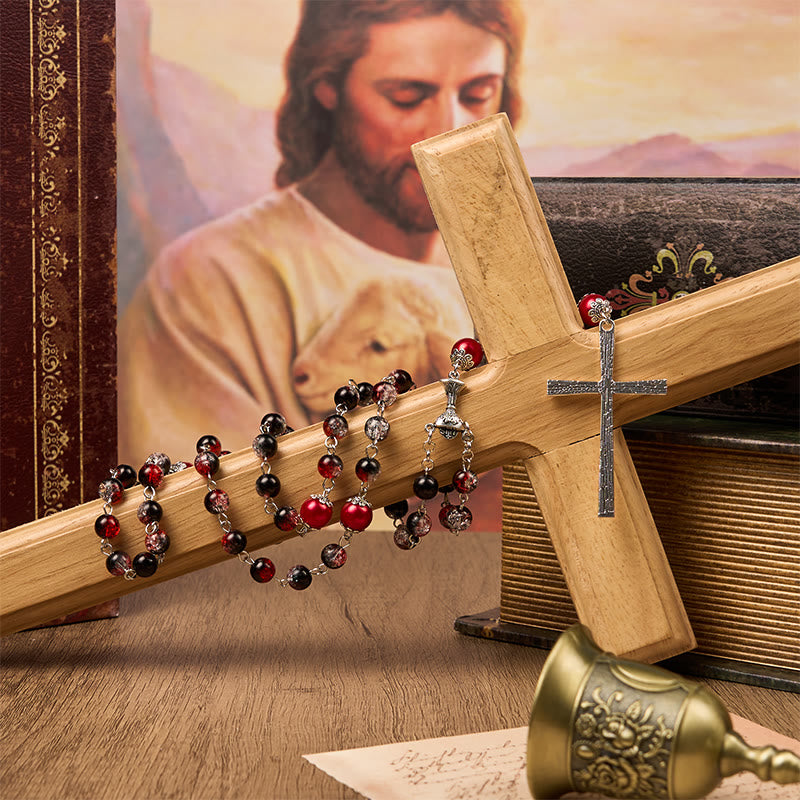 Holy Gail & Miraculous Medal of 8mm Black-red Glass Round Beads Rosary