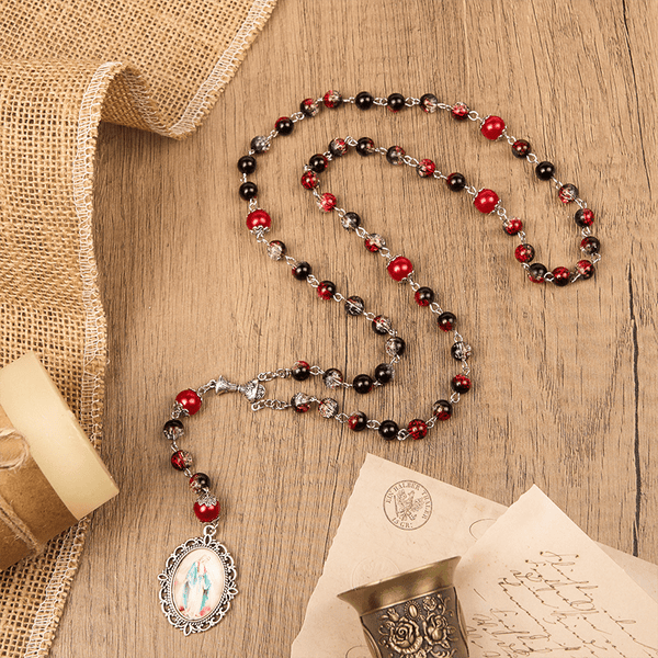 Holy Gail & Miraculous Medal of 8mm Black-red Glass Round Beads Rosary
