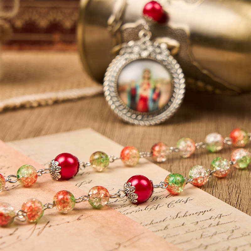 Jesus Heart & Marry Medal of 8mm Orange-green Glass Round Beads Rosary