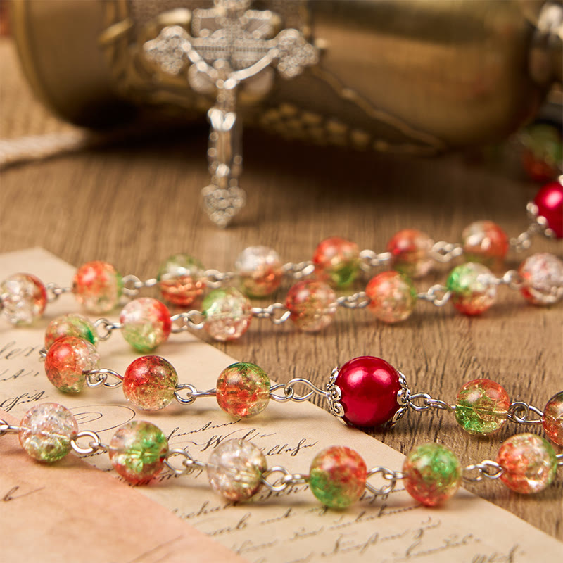 Jesus Heart & Marry Medal of 8mm Orange-green Glass Round Beads Rosary