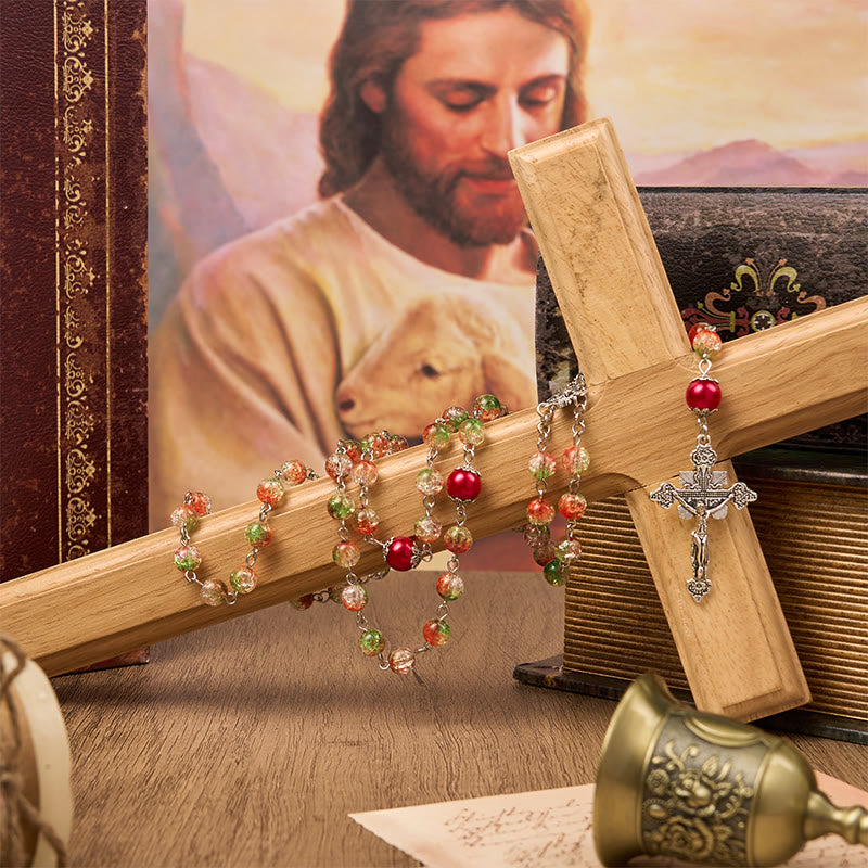Jesus Heart & Marry Medal of 8mm Orange-green Glass Round Beads Rosary