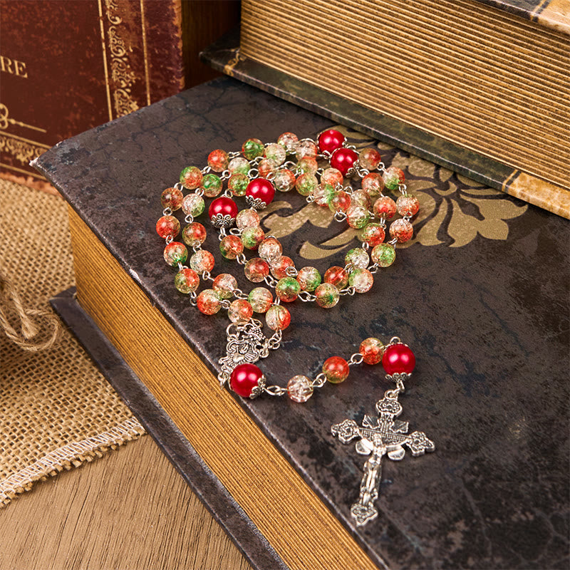 Jesus Heart & Marry Medal of 8mm Orange-green Glass Round Beads Rosary