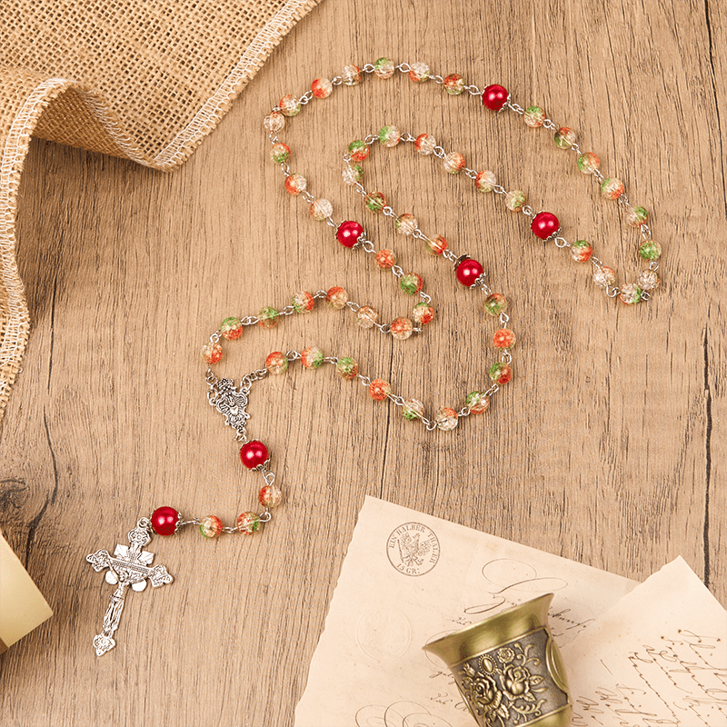 Jesus Heart & Marry Medal of 8mm Orange-green Glass Round Beads Rosary