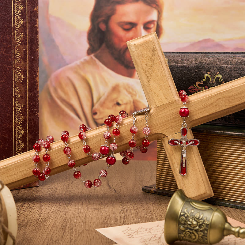 Virgin Marry & Crucifix of 8mm Red Glass Round Beads Rosary