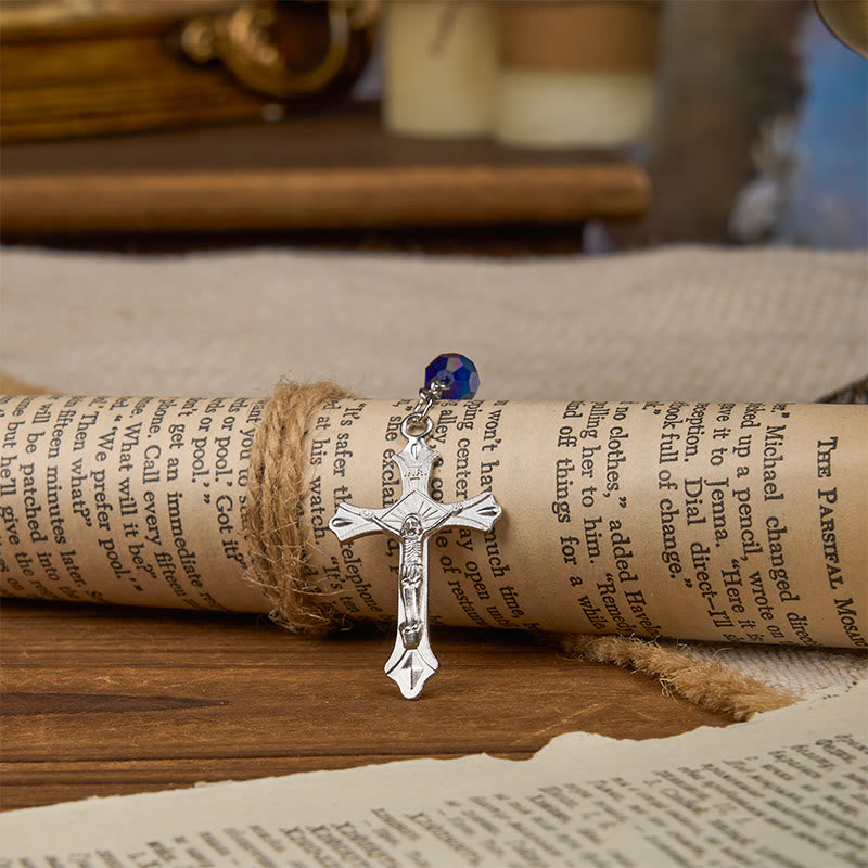 Miraculous Medal & Crucifix of 8mm Blue Sparkle Glass Round Beads Rosary