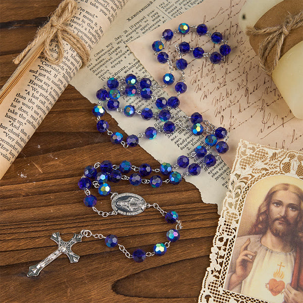Miraculous Medal & Crucifix of 8mm Blue Sparkle Glass Round Beads Rosary