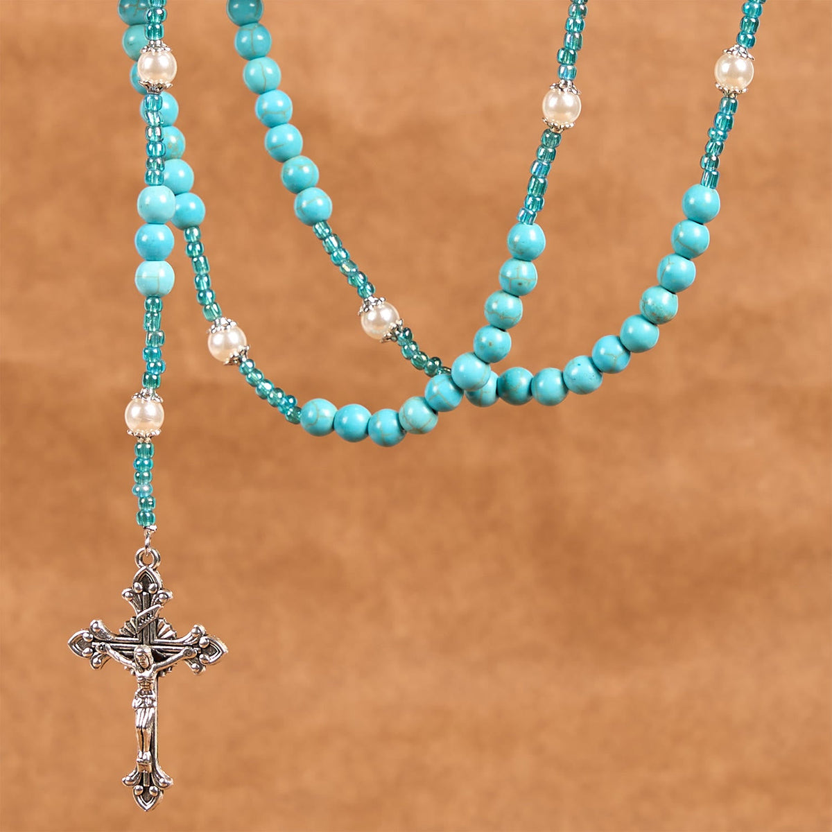 Our Lady Medal & Crucifix of 8mm Blue Turquoise Round Beads Rosary