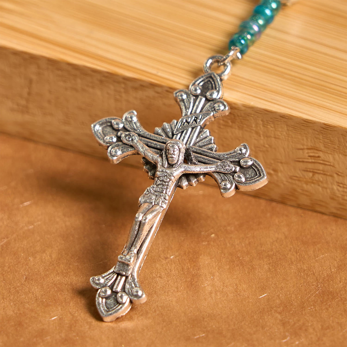 Our Lady Medal & Crucifix of 8mm Blue Turquoise Round Beads Rosary