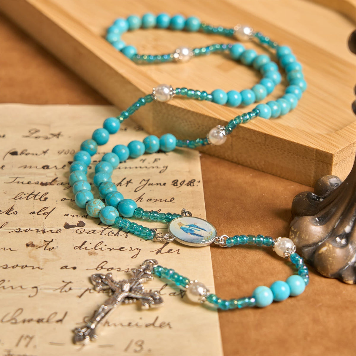Our Lady Medal & Crucifix of 8mm Blue Turquoise Round Beads Rosary