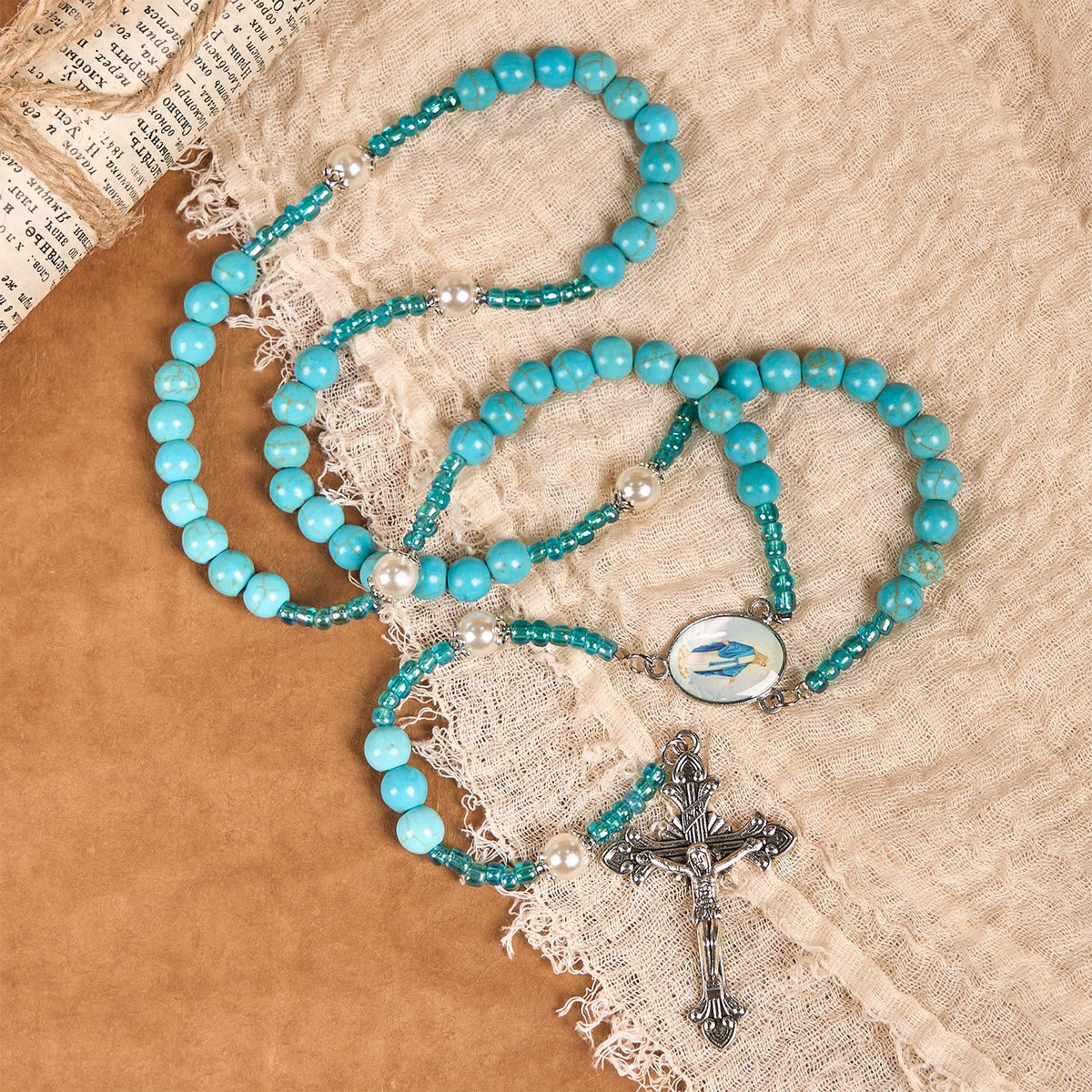 Our Lady Medal & Crucifix of 8mm Blue Turquoise Round Beads Rosary