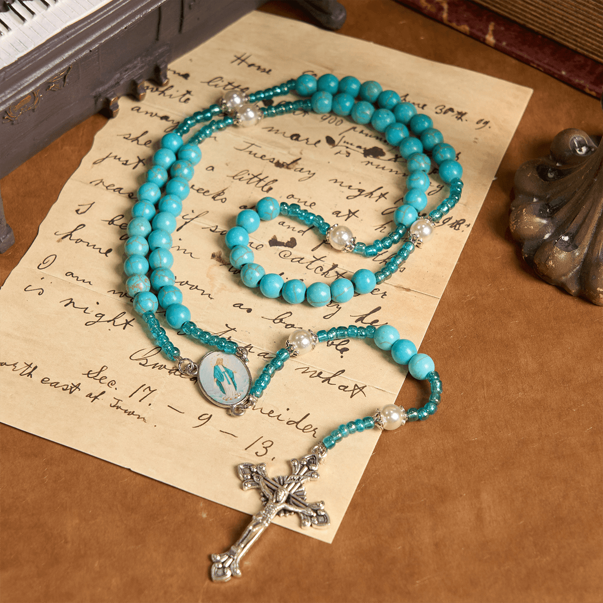 Our Lady Medal & Crucifix of 8mm Blue Turquoise Round Beads Rosary