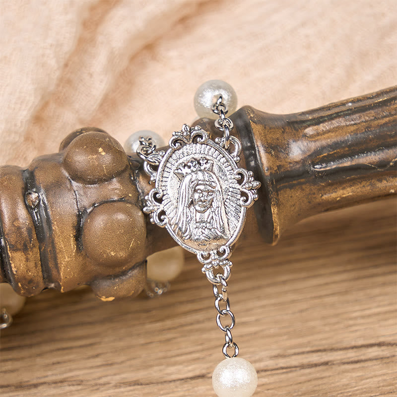Our Lady Medal & Crucifix of 8mm White Acrylic Round Beads Rosary