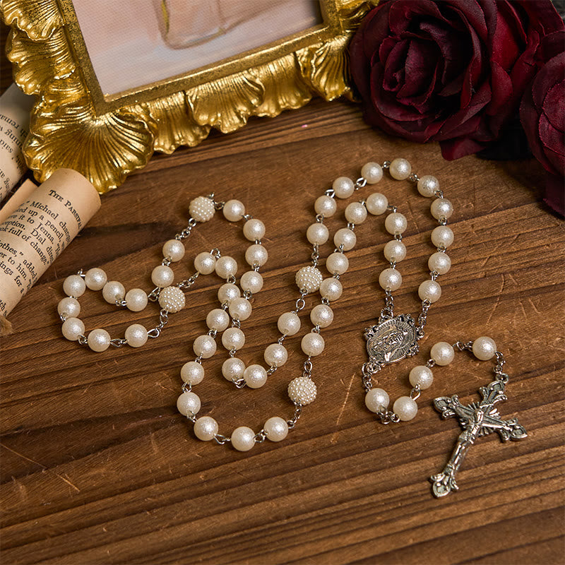 Our Lady Medal & Crucifix of 8mm White Acrylic Round Beads Rosary